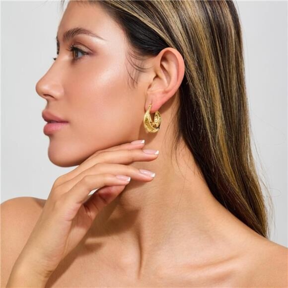 Gold Hammered Hoop Earrings – Textured Twisted Design - Picture 6 of 7